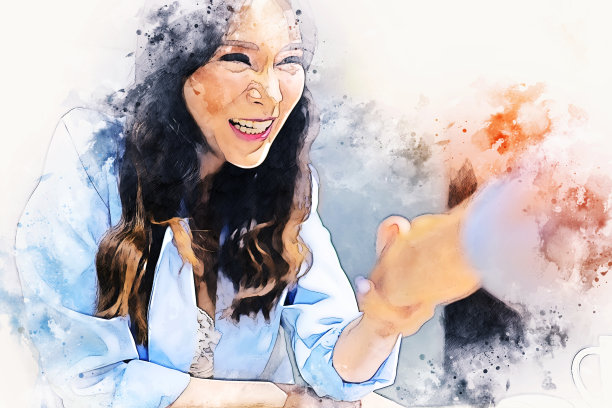 抽象彩色握手业务合作伙伴协议成功的水彩插画背景画。图片下载