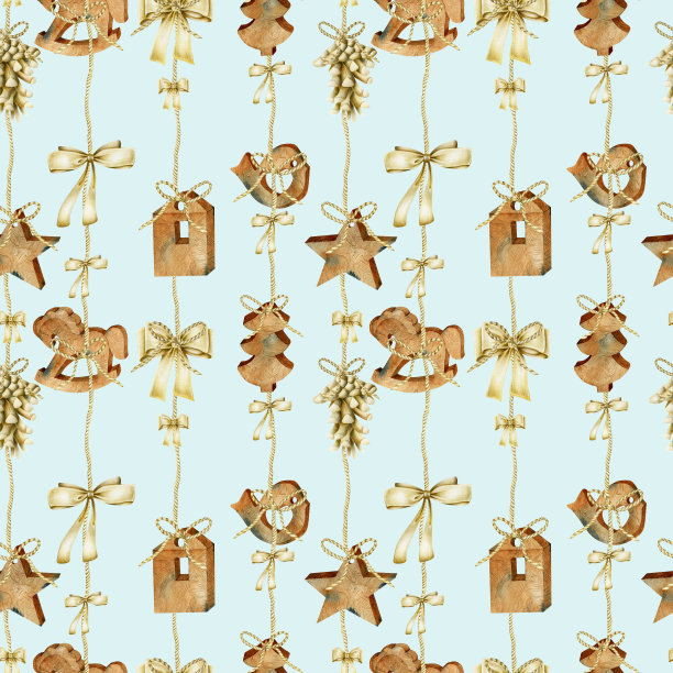 无缝图案的水彩圣诞木制生态玩具，花环和蝴蝶结图片下载