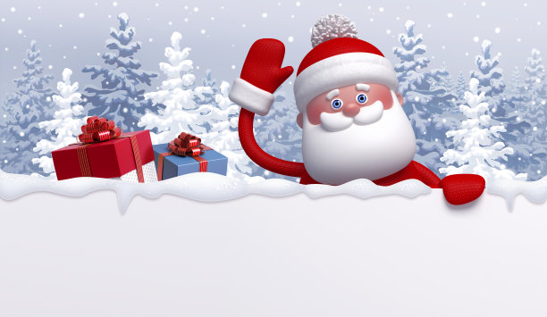 圣诞人物，3d圣诞老人挥手。冬季景观背景，雪林。节日模型，空白横幅，贺卡模板，数字插图。图片下载