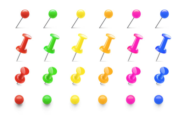 不同角度的彩色图钉。现实的图钉。图片下载