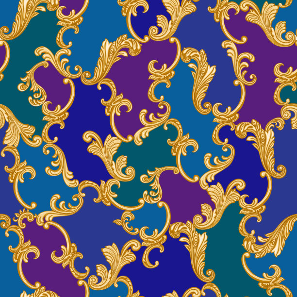 向量无缝模式从金色巴洛克卷轴，棘叶和花卉元素在一个深色拼接的背景。围巾、手帕、围巾、丝印图案手帕、墙纸、包装纸图片下载
