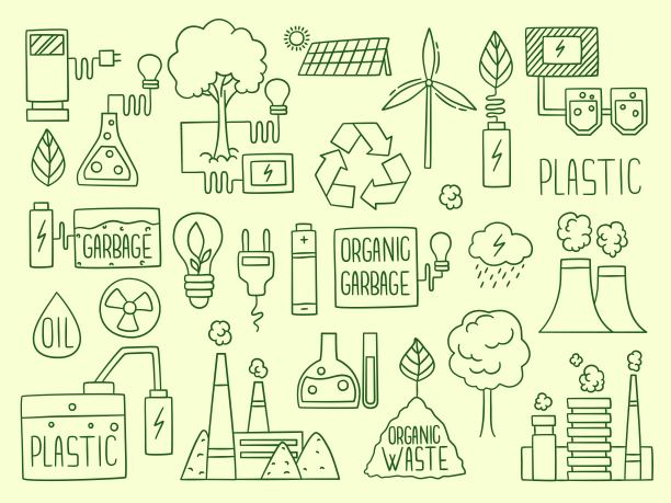 能源图标。电自然电池回收元件工厂生产水能全球燃料生产矢量涂鸦图片下载