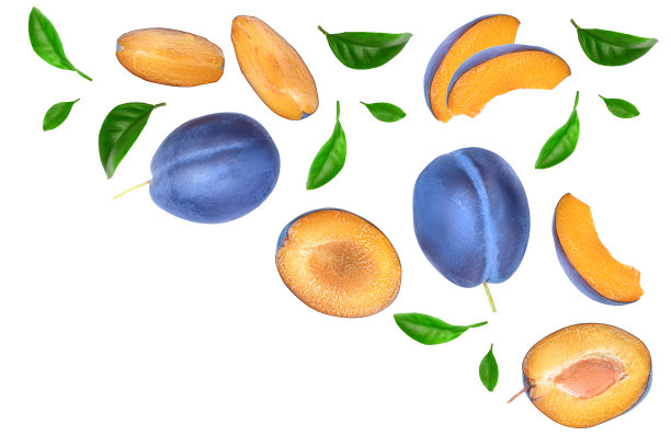 新鲜的青梅和半叶孤立在白色背景与复制空间为您的文本。前视图。平躺图片下载