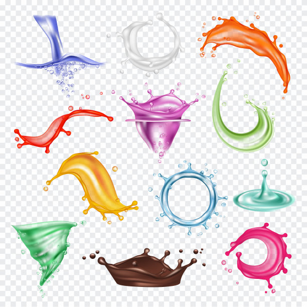 彩色的色斑。液体油漆或新鲜果汁红橙绿蓝色流动喷溅向量逼真模板图片下载