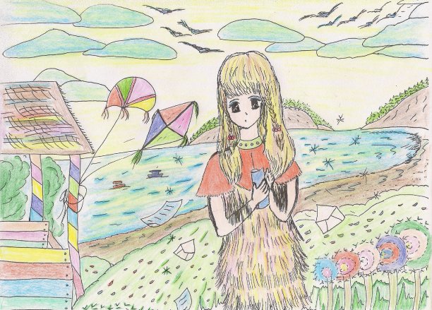 2019年在海滩上拿着信的金发女孩素描图片下载