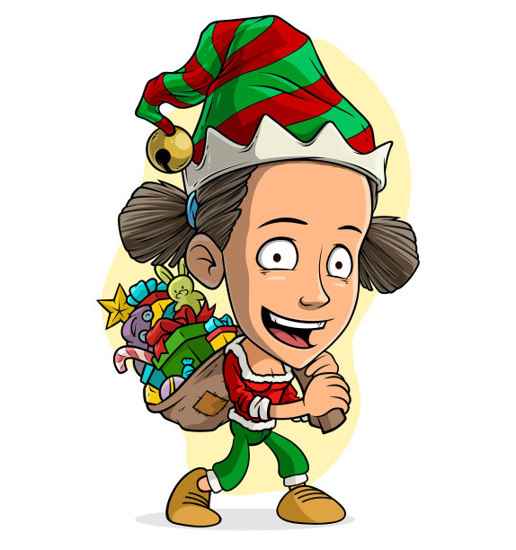 卡通有趣的圣诞小精灵女孩与礼物袋图片下载