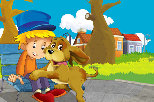 狗在农场玩耍的卡通场景图片下载