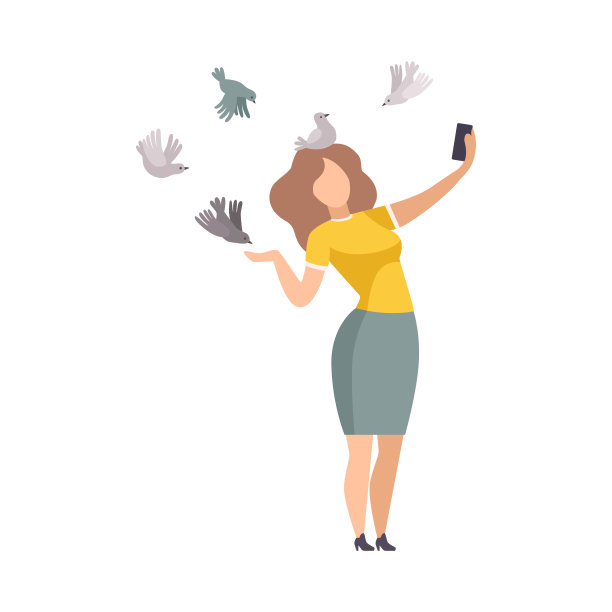 年轻女子在公园喂鸟，用智能手机自拍矢量图图片下载