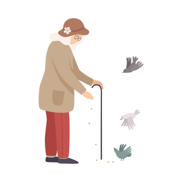 年长妇女站立和喂食鸽子矢量插图图片下载