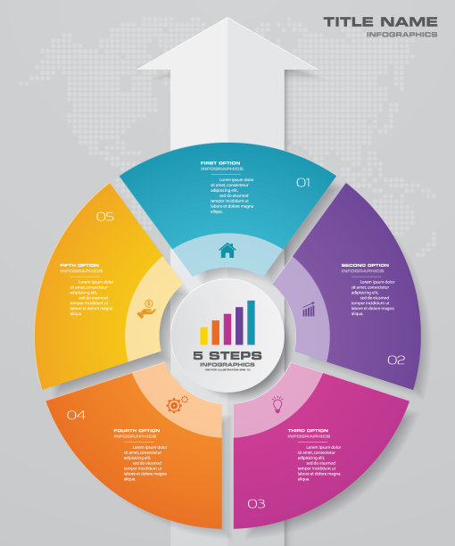 5步饼图/圆图与箭头信息图形设计元素。图片下载
