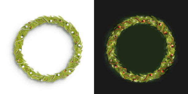 装饰圣诞圆花环模型孤立的黑白图片下载