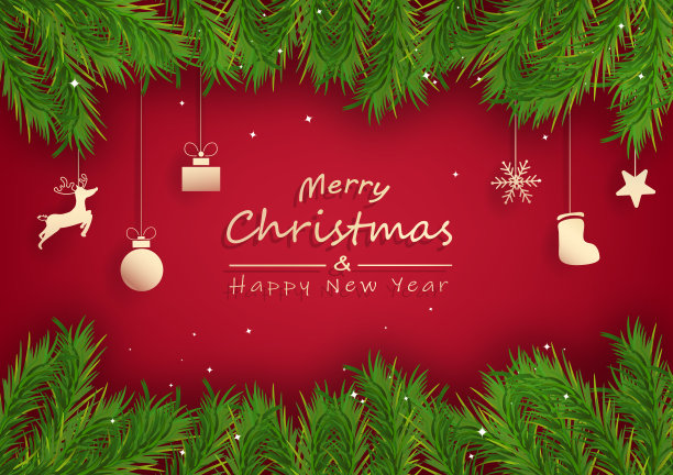圣诞快乐，新年快乐，松树装饰剪纸挂，金色豪华贺卡背景节日矢量插画图片下载