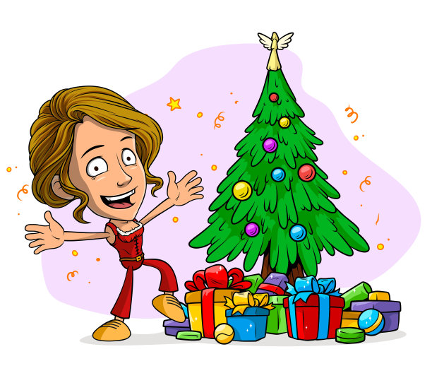 卡通快乐的女孩与冷杉树和礼品盒图片下载