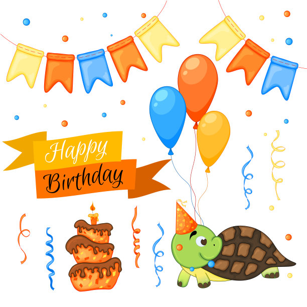 派对设置与海龟和彩色的项目在一个白色的背景。铭文“生日快乐”。五彩缤纷的。向量。图片下载