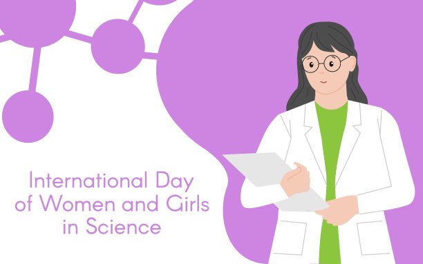 拿着文件夹的女化学家。妇女和女童参与科学国际日。女人的化学家。女科学家。插图。平的风格。抽象的孤立的背景图片下载