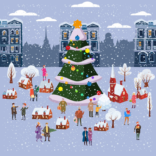 圣诞市场或节日冬季户外集市在旧城广场大新年树城市景观。一大群人走来走去，买礼物，喝咖啡，摆好纪念品摊或摆上礼物和食物的小摊。矢量插图在平面卡通风格图片下载