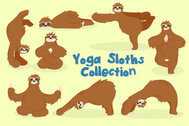 可爱的树懒做瑜伽收集孤立在柔和的黄色背景。漫画树懒在不同瑜伽姿势的手绘插图。卡哇伊斯堪的纳维亚病媒动物。图片下载