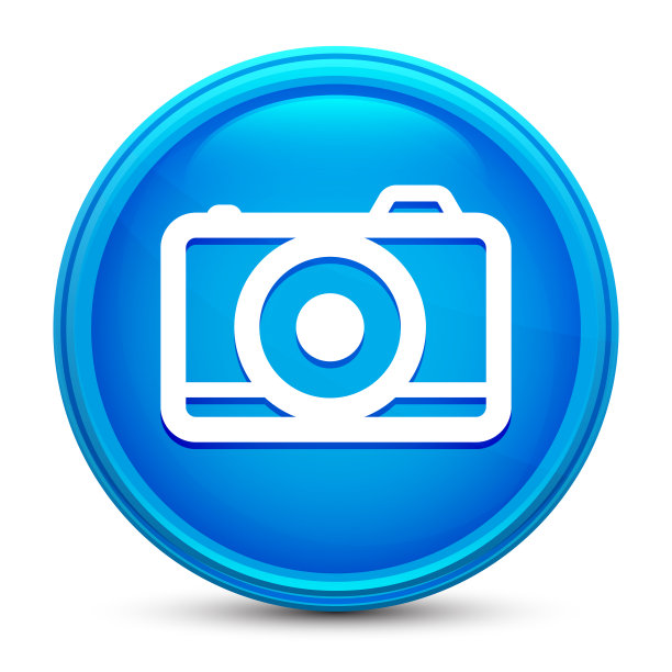 相机图标玻璃闪亮蓝色圆形按钮孤立设计矢量插图图片下载