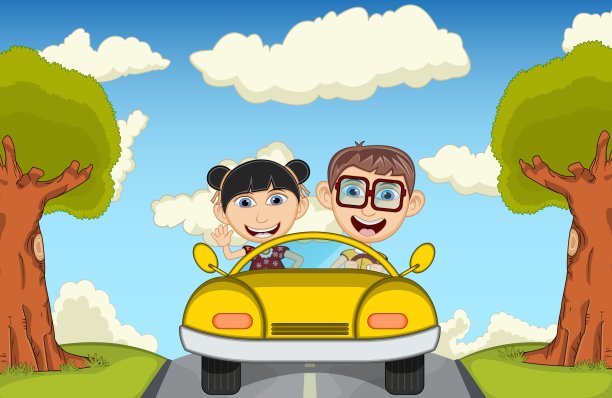 孩子们在街上开着一辆卡通矢量插图车图片下载