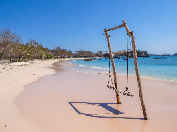 龙目岛——粉红色海滩上的木制秋千图片下载