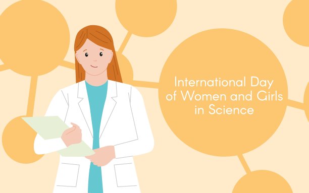 拿着文件夹的女化学家。妇女和女童参与科学国际日。女人的化学家。女科学家。插图与改变颜色的能力。平的风格。抽象的背景图片下载