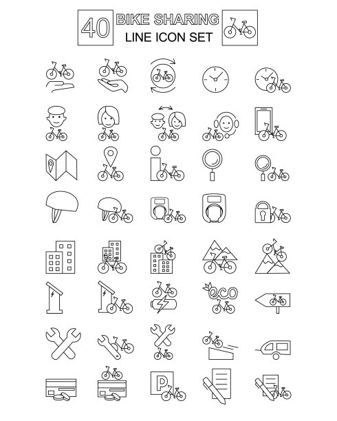 自行车共享细线40个图标集:用户，客户，城市和山地自行车，拖车，挂锁，头盔，儿童座椅，租赁，应用程序，自行车路线，维修和搜索放大镜，充电和停车图片下载