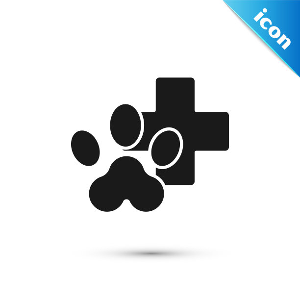 黑色兽医诊所标志图标孤立在白色背景。十字医院的迹象。程式化的爪印狗或猫。宠物急救标志。矢量图图片下载