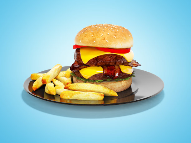 烤汉堡和土豆在板孤立的3d渲染在蓝色背景与阴影图片下载