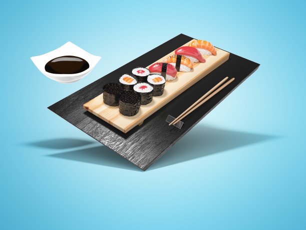 一套寿司的准备和销售的3D渲染在蓝色的背景与阴影图片下载