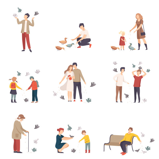 人物人物行走和喂食鸽子在城镇广场矢量插图集图片下载