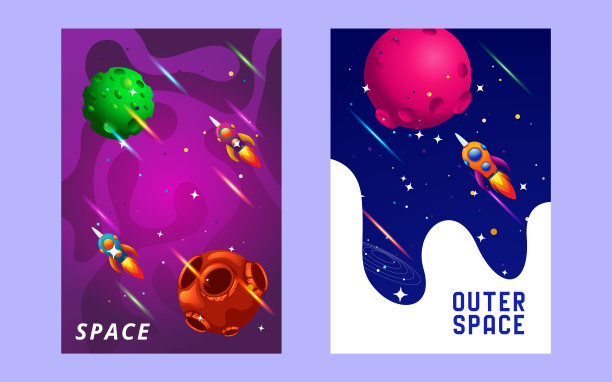巨大的宇宙矢量宣传册卡片。外太空火箭飞行年、杂志、海报、书刊封面、横幅模板的轮廓。彩色细线套。背景。矢量图图片下载