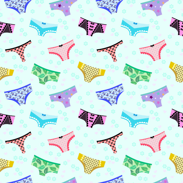 不同类型的女人内裤。无缝彩色内衣图案。向量集合的棉花和蕾丝女性内衣。图片下载