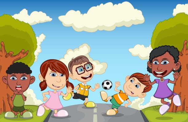 孩子们在街上玩矢量漫画插图图片下载