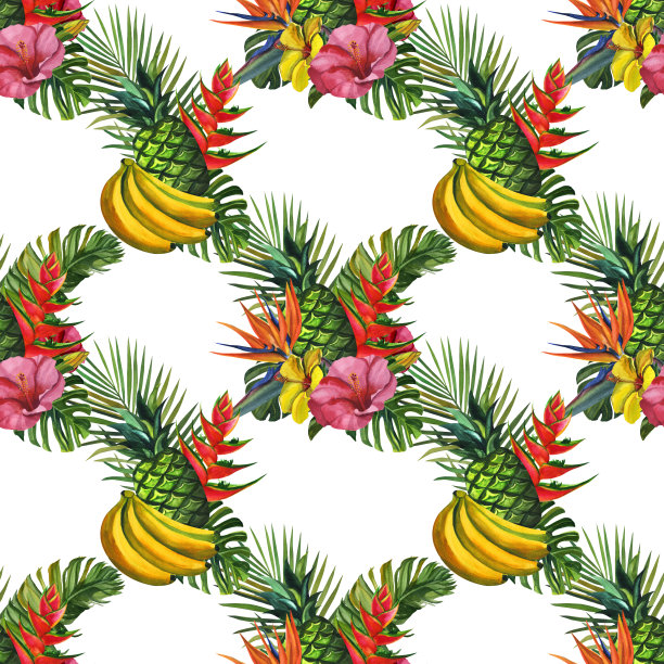 水彩图案与热带棕榈叶，香蕉，菠萝，和花。无缝图案，夏日背景图片下载