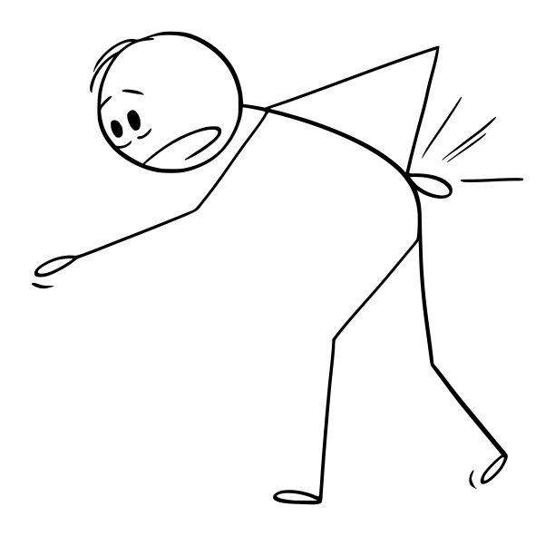 矢量卡通插图的人遭受痛苦或背部疼痛和持有他的受伤的背部图片下载