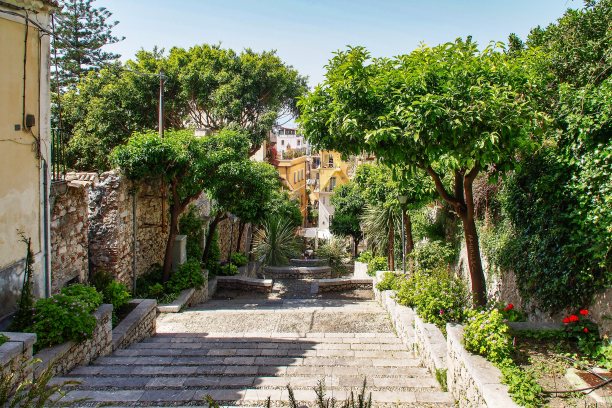 意大利西西里岛陶尔米纳一座房子院子里的小花园。图片下载