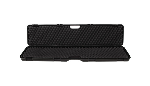 打开里面有泡沫的黑色塑料盒。用于运输和储存武器的黑色塑料硬盒。枪盒被隔离在白色背景上。图片下载