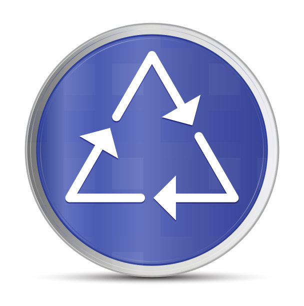 回收符号，图标，蓝色圆形按钮，矢量插图设计，银色框架按钮图片下载