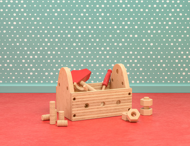 木质和塑料复古风格的游戏室和玩具与工具箱在绿色和红色的背景，3d渲染图片下载