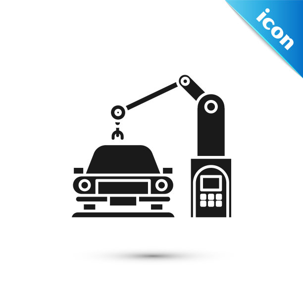 黑色工业机器机器人手臂上的汽车工厂图标孤立在白色背景上。工业自动化生产汽车。矢量图图片下载