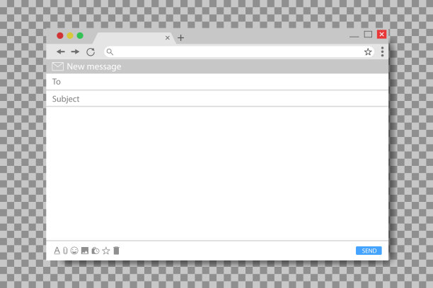 邮件模板。模拟空白邮件屏幕窗口。浏览器界面与与发送形式的邮箱。邮件的平面电子邮件页面。空白的ui设计。网站的框架界面。向量图片下载
