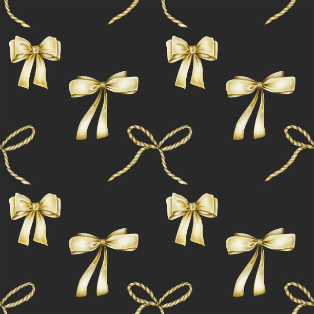 无缝模式的金色蝴蝶结，手绘在一个黑暗的背景图片下载
