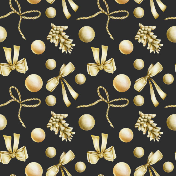 无缝图案手绘金色圣诞元素(弓，球，冷杉锥)在一个黑暗的背景，圣诞设计图片下载