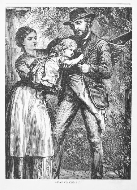 维多利亚时期黑白插画，约1884年。父亲从母亲或保姆手中接过婴儿的复古雕刻图片下载