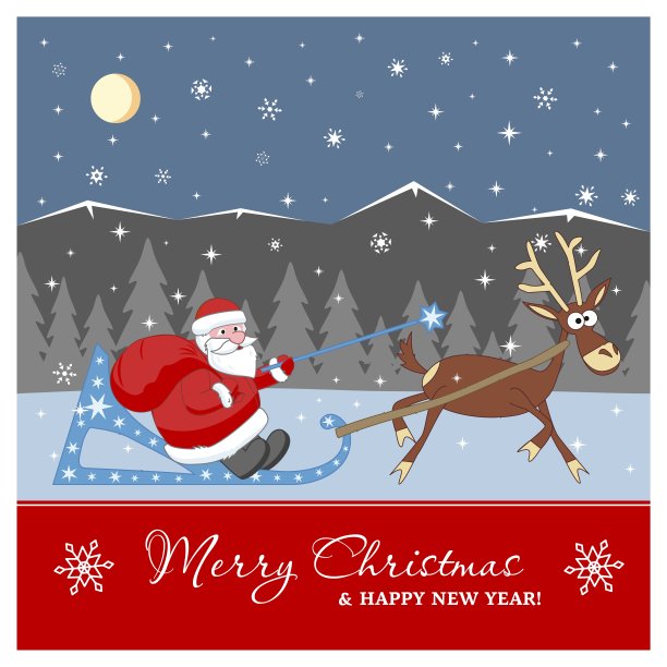 圣诞老人带着一大袋礼物坐在雪橇上。圣诞快乐，新年快乐图片下载