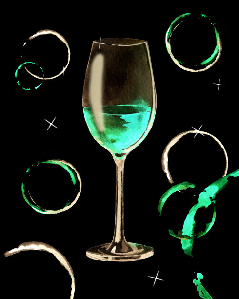 玻璃酒杯配一杯酒，配红酒。玻璃杯里的波浪。手绘水彩插图孤立的黑色背景设计的咖啡馆，菜单，餐厅，横幅，背景。图片下载