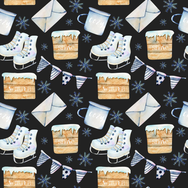 无缝水彩北欧圣诞物品(旗帜，杯子，信封，溜冰鞋)图片下载