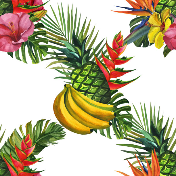 水彩图案与热带棕榈叶，香蕉，菠萝，和花。无缝图案，夏日背景图片下载