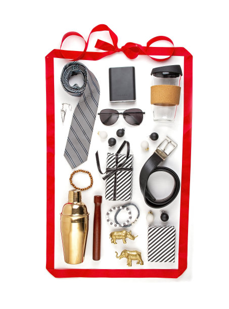 各种各样的男人礼物:皮带，太阳镜，玻璃杯，摇瓶，领带，配件。图片下载