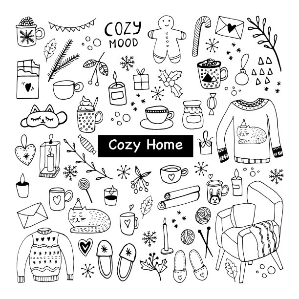 大量Hygge图标。温暖和舒适的手绘矢量插图在斯堪的纳维亚风格。冬季元素的贺卡，海报，贴纸和季节性设计。图片下载